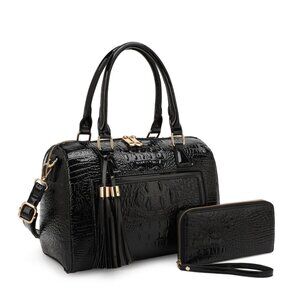 2-IN-1 Boston Crocodile Print Tassel Satchel Bag With Wallet Set